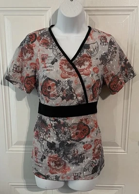 Elan by Barco V-Neck Embroidered Flower Pattern Red  2 Side Pockets Wms Sz Small - Image 1 of 4