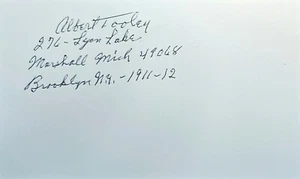 Albert Tooley Brooklyn Dodgers 1911-1912 signed index card JSA COA AQ52894 - Picture 1 of 3
