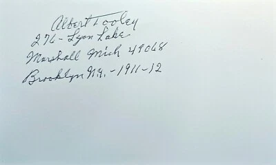 Albert Tooley Brooklyn Dodgers 1911-1912 signed index card JSA COA AQ52894 - Image 1 of 3