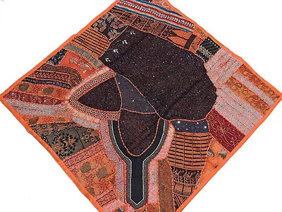 Decorative Wall Hanging - Orange Beaded Indian Sari Patchwork Unique Tapestry - Image 1 of 4