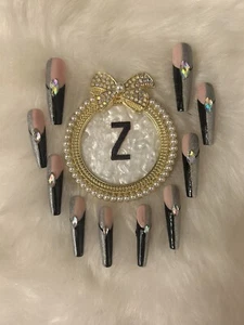 Z NAILZ! Gorgeous Set Of Handmade Black/Pink/Silver 2XL Square Press On Nails - Picture 1 of 6