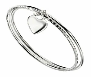 Diamond Cut Double Bangle With Heart Tag Solid Sterling Silver Hallmarked - Picture 1 of 3