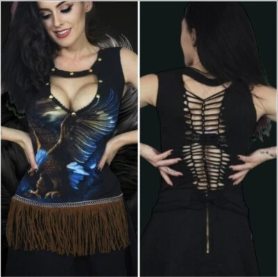 Harley Inspired Top Suede Fringe Festival Cleavage Gold Studs XS/S Black Eagle - Image 1 of 4