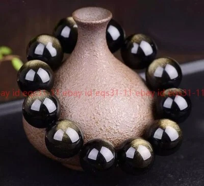 Brazalete de cuentas redondas de obsidiana de oro natural de 12 mm/14 mm/16 mm/18 mm/20 mm 7,5"" Foto 1 de 4