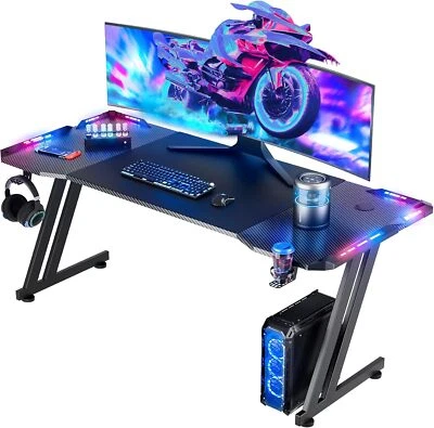 Ergonomic Gaming Desk with LED Carbon Fibre Surface Gaming Table Computer Desk - Image 1 of 4