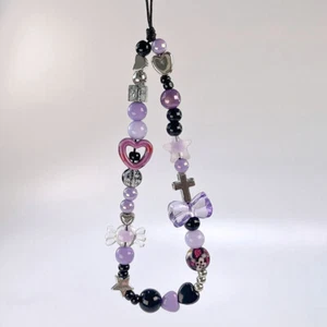 Y2K Purple Bowknot Heart Phone Lanyard Sweet Cool Beaded Mobile Phone Straps - Zdjęcie 1 z 5