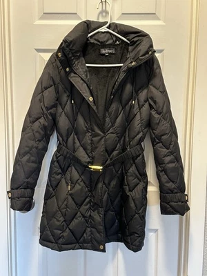 Ellen Tracey Puffer Mid-Length Belted Hooded Jacket With Gold Accents - Image 1 of 4