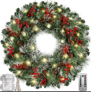 22 Inch Pre-Lit Artificial Christmas Wreath Pine Cones, Red Berries Frosted - Picture 1 of 8