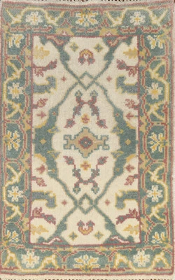 Transitional Beige Oushak Indien Rug 2x3 Handmade Geometric Wool Accent Carpet - Image 1 of 4