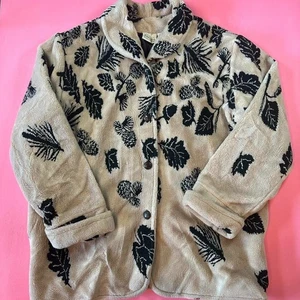 Vintage 90s Button Front Fleece Floral Leaf Pattern Button Front Vintage Jacket - Picture 1 of 7