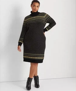 $225 Lauren Ralph Sweater Dress XXL Fair Isle Turtleneck Polo Black Gold NEW - Picture 1 of 21