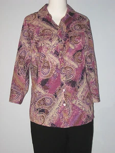 KAREN SCOTT Petites Size M Purple Roll Up Sleeve Paisley Button-Down Blouse - Picture 1 of 4