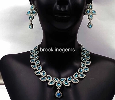 Silver Plated Ethnic AD CZ Bridal Topaz GEMSTONE Jewelry Earrings Necklace NK - Imagem 1 de 4