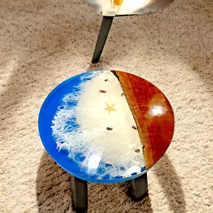 18" Ocean Wave Epoxy Resin Console Table Unique Handmade Acacia Wood Centerpiece - Picture 1 of 9