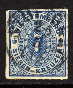 WURTTEMBERG Germany Alt Deutschland 1869 7k. Blue Rouletted 10 SG 78 VFU - Picture 1 of 2