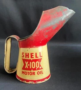 SHELL X100 MOTOR OIL JUG POURER PINT MEASURE ADVERTISING GARAGE PETROL TIN CAN - Picture 1 of 9