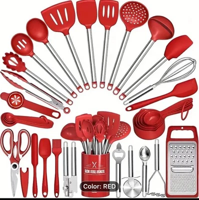 Kitchen 34-Piece Utensils Set-Silicone & Stainless Steel-RED COLOR-New In Wrap - Image 1 of 4