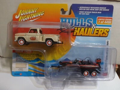 Johnny Lightning Beige Hulls & Haulers 1965 Chevy Stepside with  Boat & Trailer - Image 1 of 3