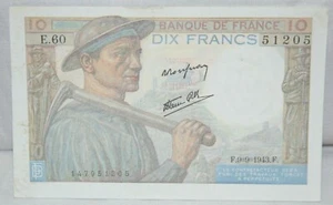 FRANCE 10 FRANCS BANKNOTE WWII 9.9.1943. P 99d aUNC - Picture 1 of 2