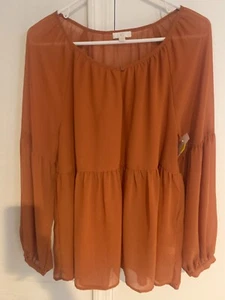 Charming Charlie Womens Orange Long Sleeves Sheer Pullover Blouse Top Sz Medium - Picture 1 of 3