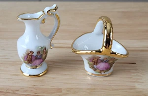 Limoges MINIATURE PORCELAIN DECORATIVE PITCHER & BASKET Lot of 2 White France - Picture 1 of 8