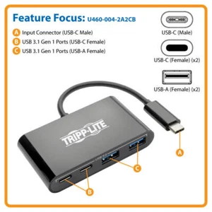 Tripp Lite USB C Hub Adapter Portable w 2x USB Type C & 2x USB-A Black - Picture 1 of 3