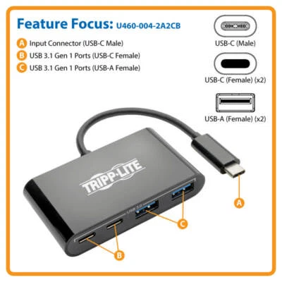 Tripp Lite USB C Hub Adapter Portable w 2x USB Type C & 2x USB-A Black - Image 1 of 3