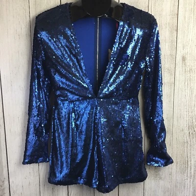 Nuevo con etiquetas Boohoo Mujer Talla 4 Mia Azul Lentejuelas Profundas Mono Pantalones Cortos Nuevo Foto 1 de 4