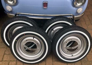 4X CLASSIC FIAT 500 WHITE WALL TYRES 125X12 TYRE AND ROAD WHEELS KIT NEW! - Picture 1 of 4