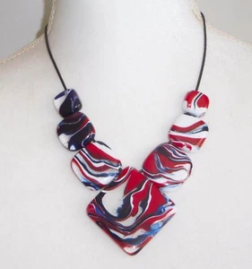 Sobral Marianne Marbled Red, White & Blue Bead Artist Made Statement Necklace - Picture 1 of 9