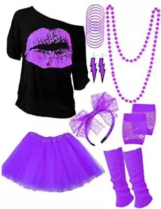 Halloween 80s Costume Accessories Set T-Shirt Tutu Headband 3X-Large Purple - Picture 1 of 7
