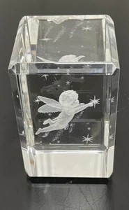 Fairy Baby Crystal Glass Laser Etched Paperweight Cube 3D Cherub Angel Fairyland - Picture 1 of 14