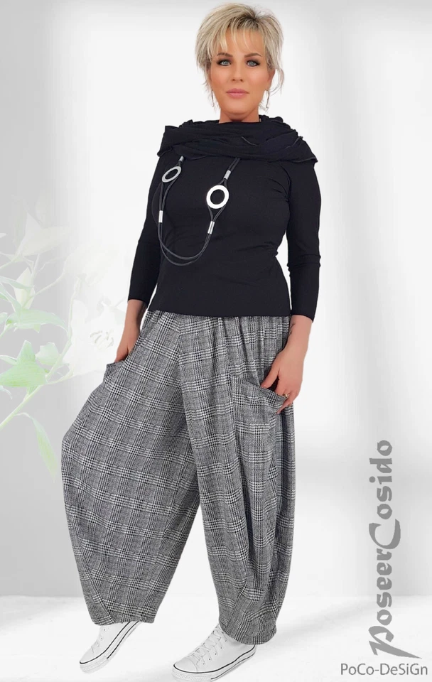 POCO DESIGN BY POSEERCOSIDO PoCo LAGENLOOK pantaloni a palloncino nero bianco quadri L-XL-XXL-XXXL 46 48 50 52 54 56 58