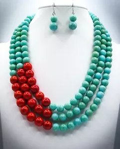 Juego de Collar y Pendientes de Cuerda de Piedra de Río Genuino en Turquesa y Rojo - Imagen 1 de 3