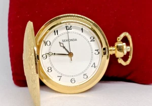 SEKONDA Mens Full Hunter Gold Tone Quartz Pocket Watch - VGC & Working - Picture 1 of 6