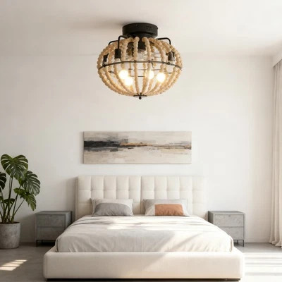 Black LED 18 inch Ceiling Fan Light Boho Beaded Flush Mount w Remote Control Kit - Image 1 of 4