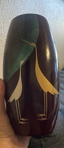 Japan Vase Wood Lacquer Blue Moon 2 Cranes Aizu Fukushima Perfecture - Picture 1 of 11