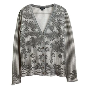 Worth New York Wool Knit Floral Striped Buttoned Cardigan Sweater Gray Ivory M - Picture 1 of 8