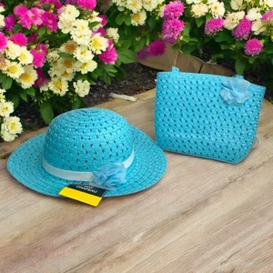 Mädchen Sonnenhut und Handtasche türkis gewebtes Papier Stroh mit Frühling Blumendetails - Bild 1 von 10