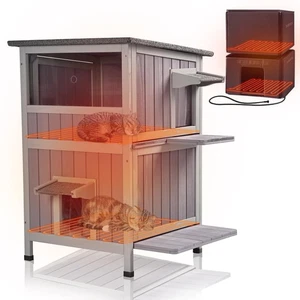 Outdoor Heated Cat House, Weatherproof Wooden Feral Cat Shelter with Escape Door - Picture 1 of 7