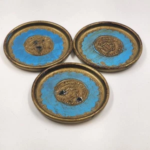 Set 3 Italienische Toleware Untersetzer Gold Gebrannt Umbra Hellblau Handarbeit Italien 3,5" - Bild 1 von 6