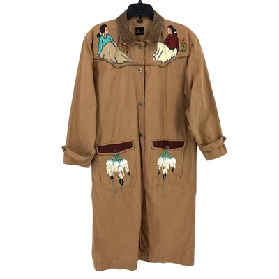 Vtg Liz Claiborne Sport Painted Southwestern Woman Feather Duster Coat Sz MP - Image 1 of 4