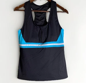 Lands End Tankini Top Sz Medium 10-12 Black Turquoise Stripe Zip Front Modest - Picture 1 of 9