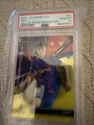 2021 TOPPS FINEST UEFA CHAMPIONS LEAGUE #51 GAVI YELLOW PRISM RC /250 PSA 10 - Image 1 of 2