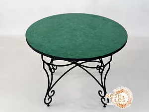 43INCH ROUND MOSAIC TABLE, Moroccan Matte Green Tiles, Handmade Flower Design - Picture 1 of 10