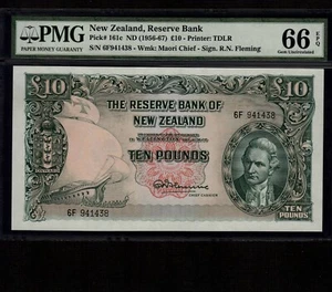 New Zealand 10 Pounds 1956 P-161c * PMG Gem Unc 66 EPQ * No Security Thread * - Picture 1 of 2