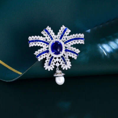 Silver Plated Blue Cubic Zirconia Ribbon Pearl Brooch Women Costume Jewelry Gift - Image 1 of 4