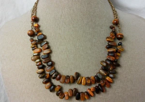 Vtg Polished Tigers Eye Nugget Beads Multi Strand Gold Tone Chain Adj Necklace - Picture 1 of 13