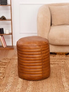 BBH Homes Puf Redondo Marrón Madera y Cuero Ecológico Hecho a Mano Sólido BBH Hogares - Imagen 1 de 8