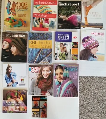 Lot of 13 KNITTING Pattern Books- Socks, Hats, Cowls,  Ponches, Wraps, Scarves.. - Image 1 of 4